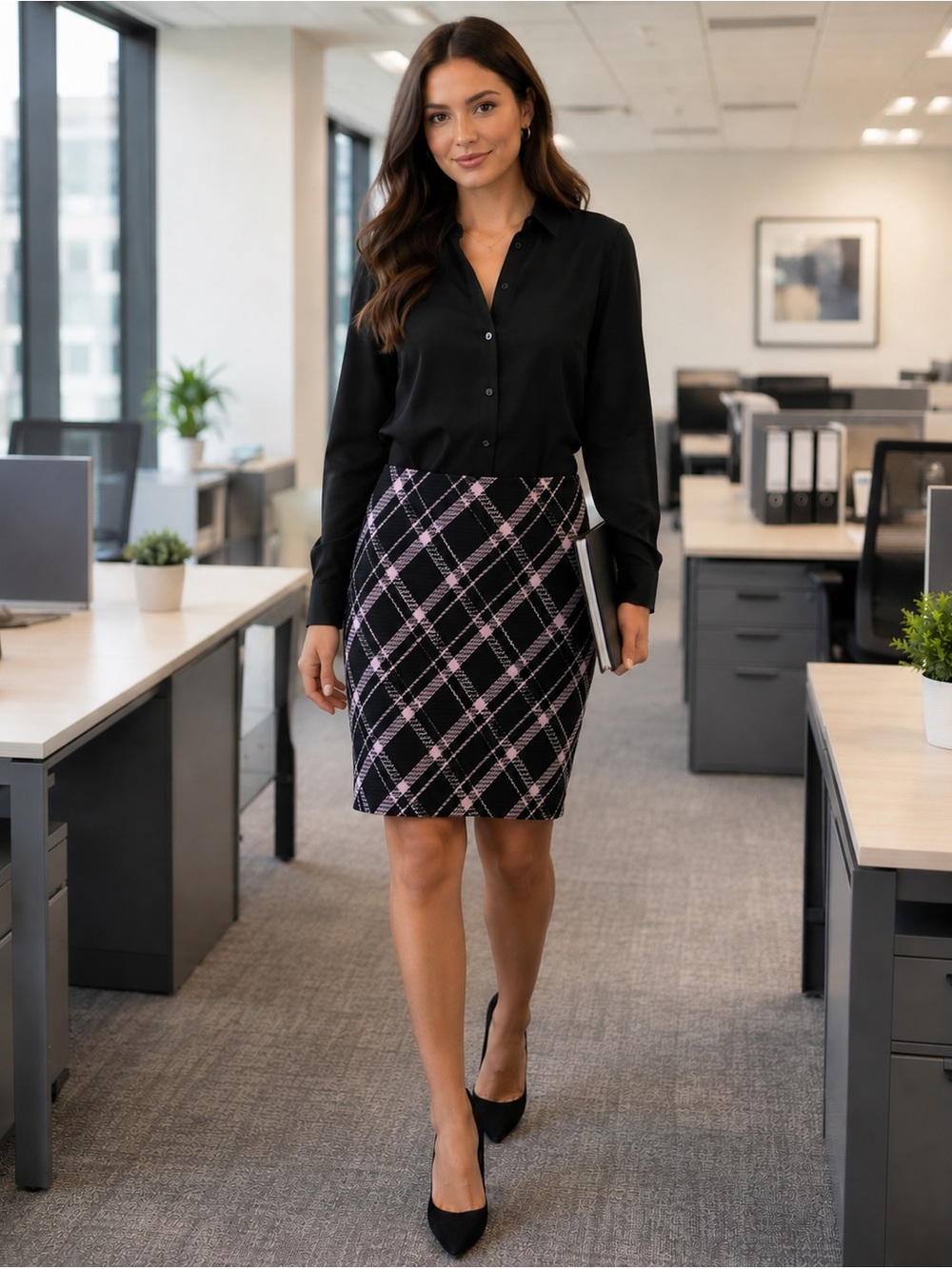 St. John Collection Black and Light Pink Plaid Knit Mini Skirt